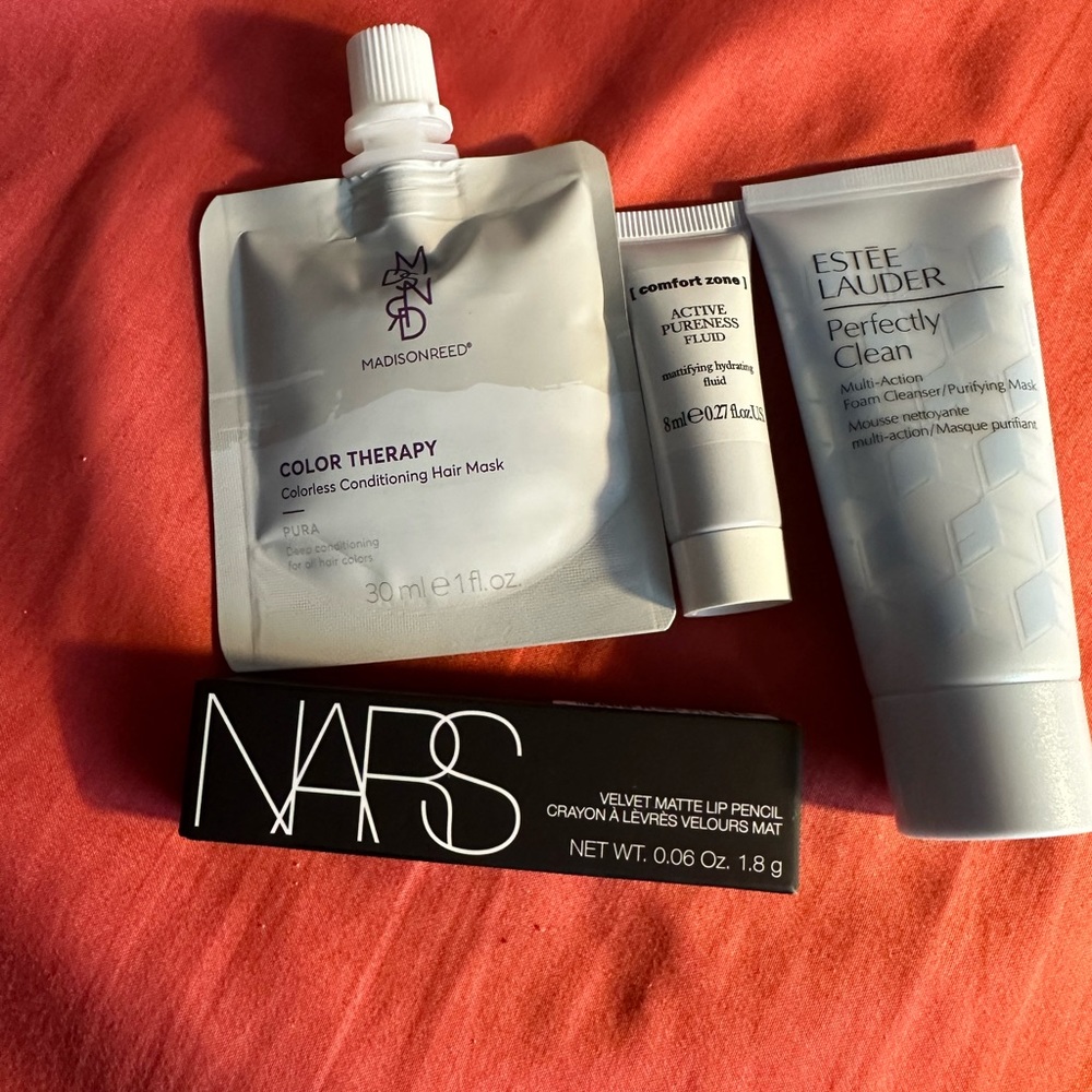 4 beauty items. Estée Lauder, Nars Matte Lip Pencil, Madison Reed, Comfort Zone
